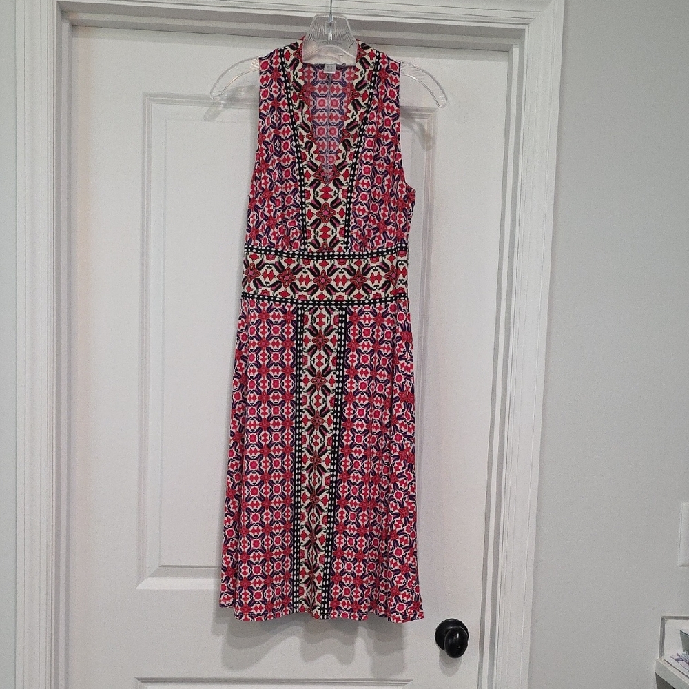 London Times Pink and Black Geometric Midi Dress